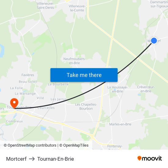 Mortcerf to Tournan-En-Brie map