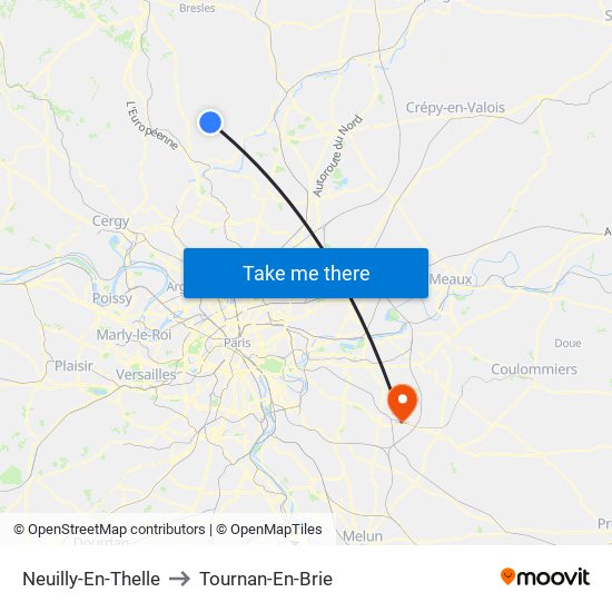 Neuilly-En-Thelle to Tournan-En-Brie map