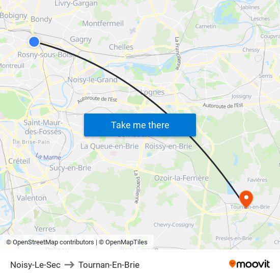 Noisy-Le-Sec to Tournan-En-Brie map