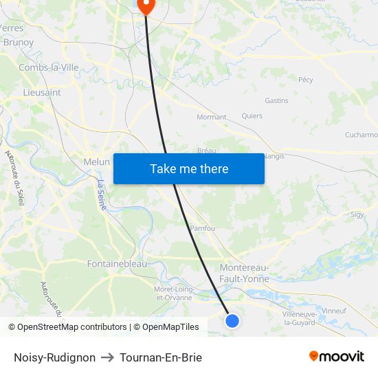 Noisy-Rudignon to Tournan-En-Brie map