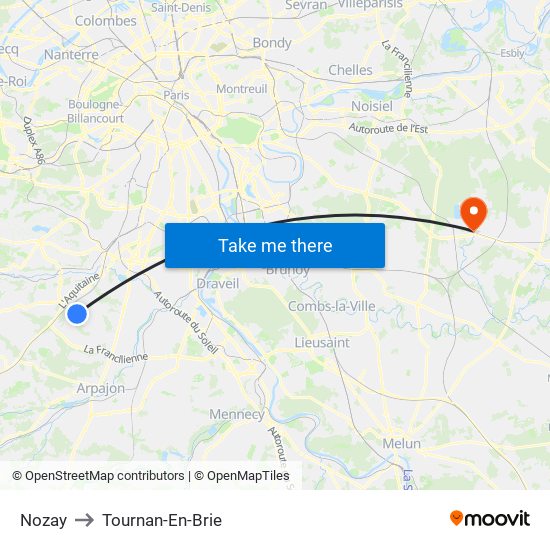 Nozay to Tournan-En-Brie map