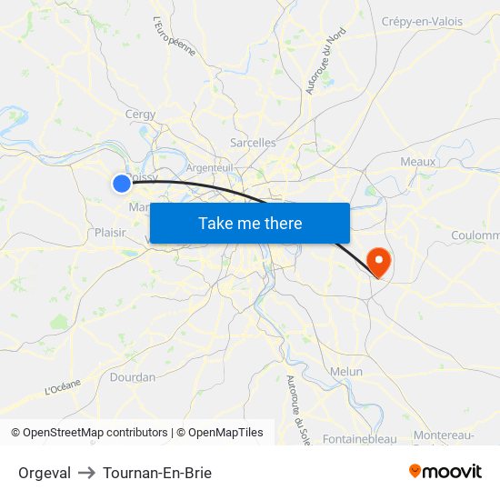 Orgeval to Tournan-En-Brie map