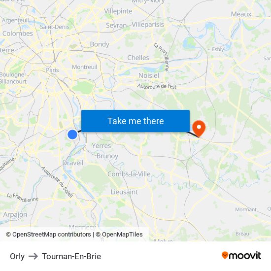 Orly to Tournan-En-Brie map