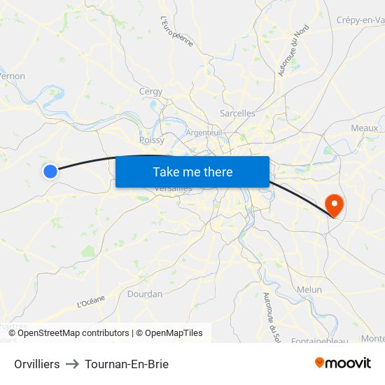 Orvilliers to Tournan-En-Brie map