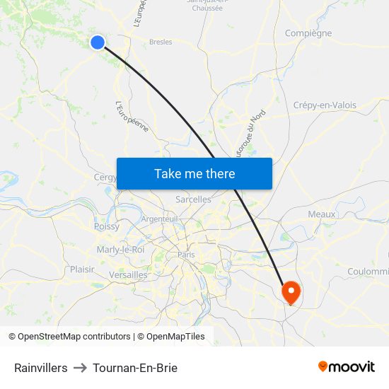 Rainvillers to Tournan-En-Brie map