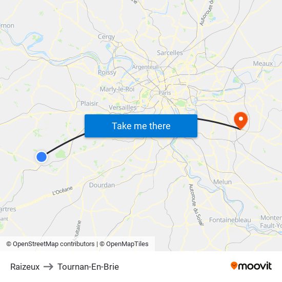Raizeux to Tournan-En-Brie map