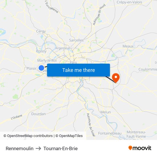 Rennemoulin to Tournan-En-Brie map