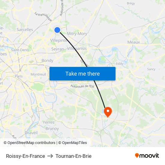 Roissy-En-France to Tournan-En-Brie map