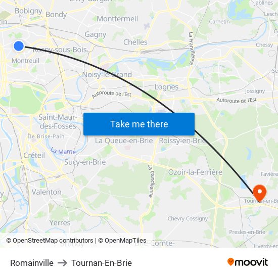 Romainville to Tournan-En-Brie map