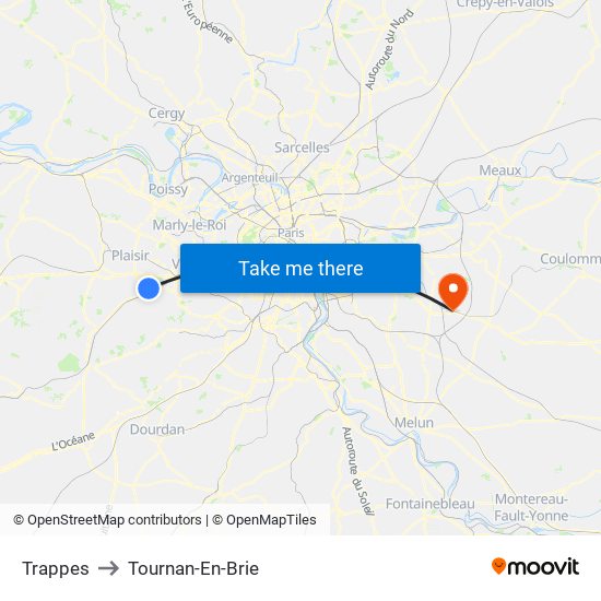 Trappes to Tournan-En-Brie map