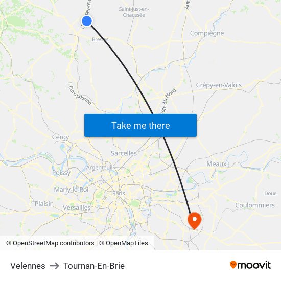 Velennes to Tournan-En-Brie map
