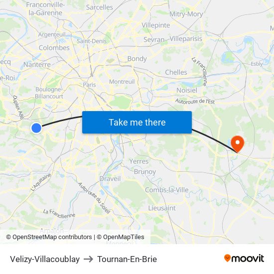 Velizy-Villacoublay to Tournan-En-Brie map