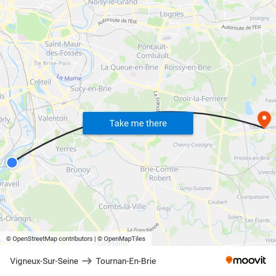 Vigneux-Sur-Seine to Tournan-En-Brie map