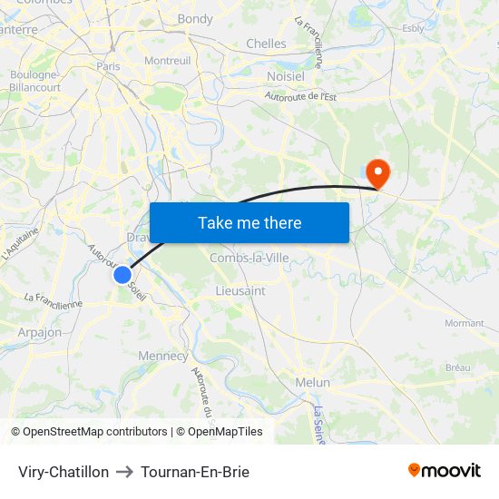 Viry-Chatillon to Tournan-En-Brie map