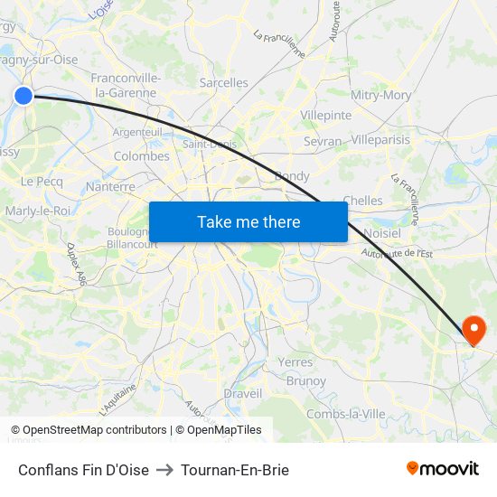 Conflans Fin D'Oise to Tournan-En-Brie map