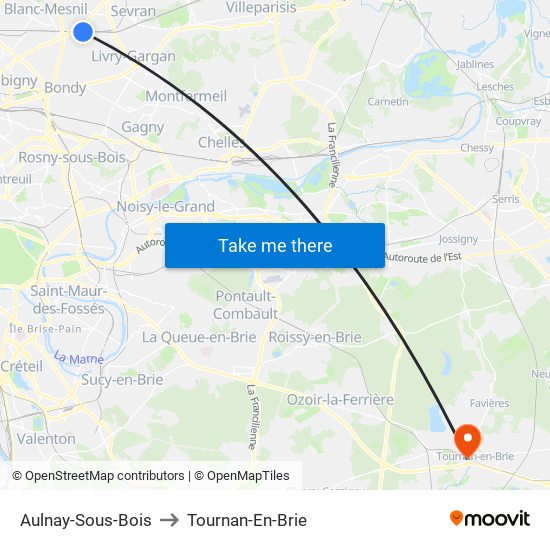 Aulnay-Sous-Bois to Tournan-En-Brie map