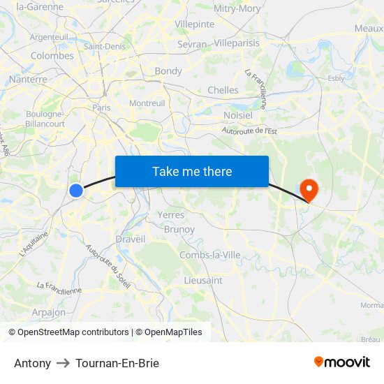 Antony to Tournan-En-Brie map