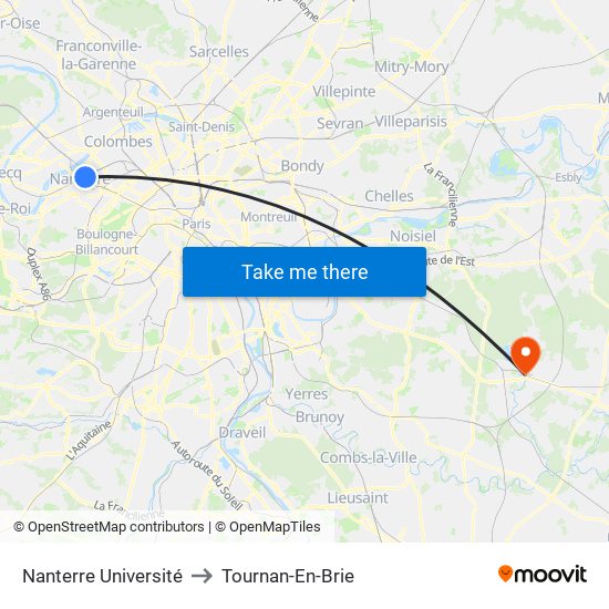 Nanterre Université to Tournan-En-Brie map