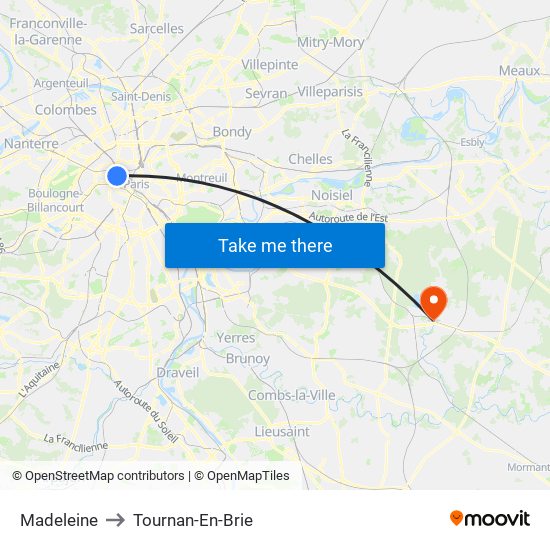 Madeleine to Tournan-En-Brie map