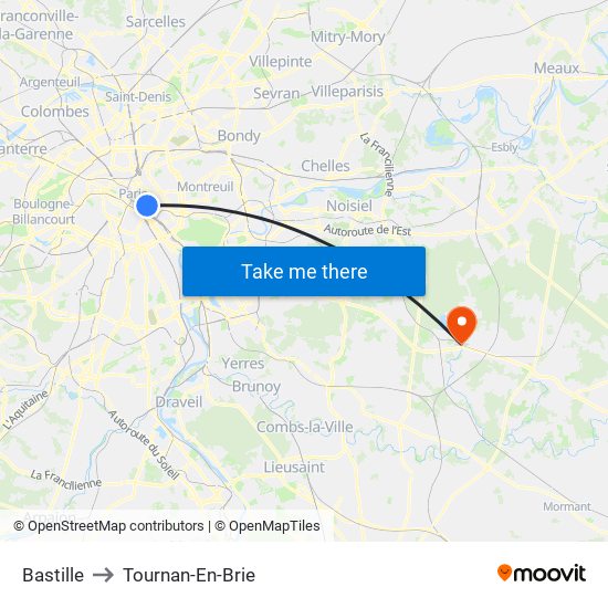 Bastille to Tournan-En-Brie map