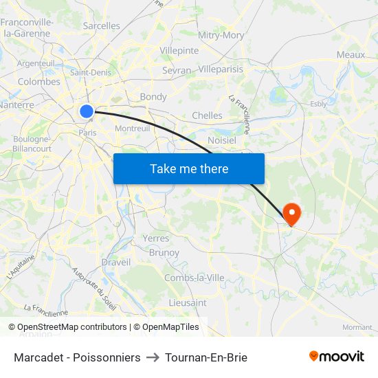 Marcadet - Poissonniers to Tournan-En-Brie map