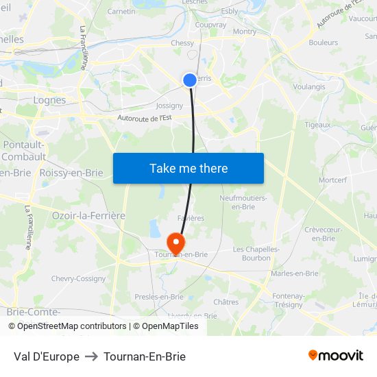Val D'Europe to Tournan-En-Brie map
