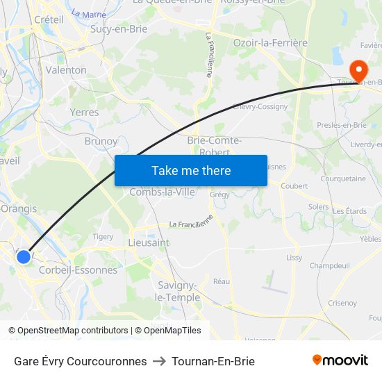 Gare Évry Courcouronnes to Tournan-En-Brie map