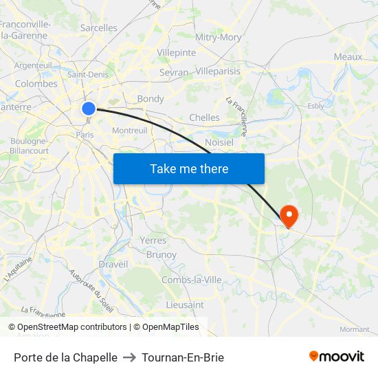 Porte de la Chapelle to Tournan-En-Brie map