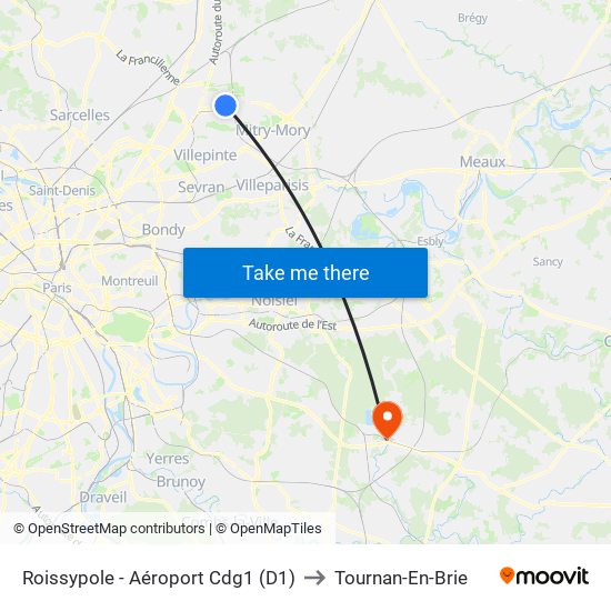 Roissypole - Aéroport Cdg1 (D1) to Tournan-En-Brie map