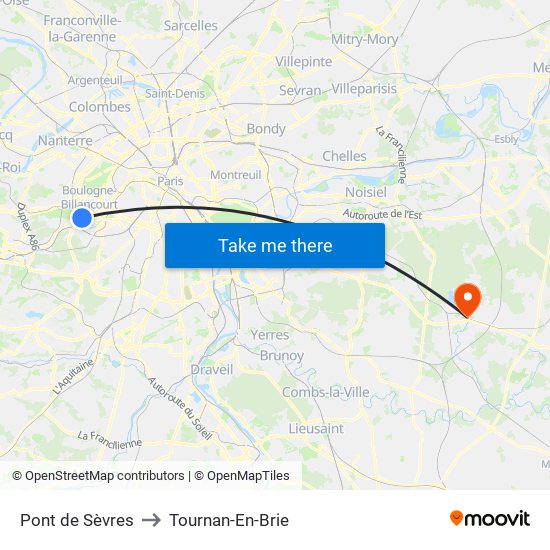 Pont de Sèvres to Tournan-En-Brie map