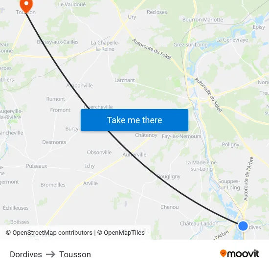 Dordives to Tousson map