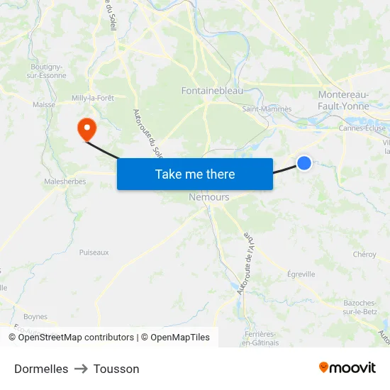 Dormelles to Tousson map