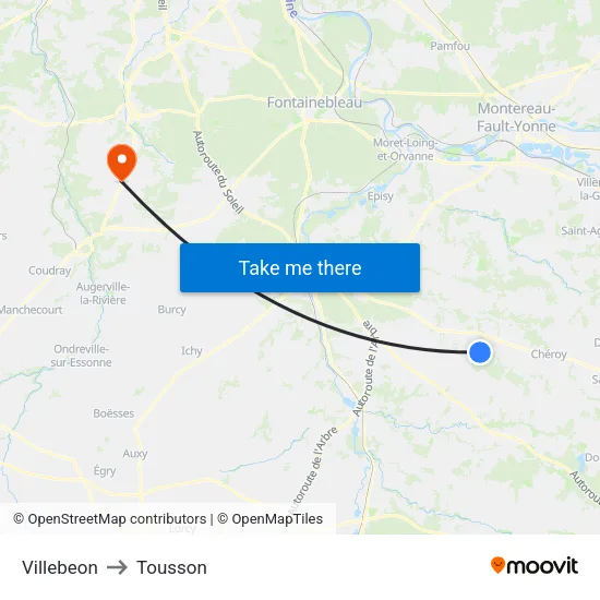 Villebeon to Tousson map