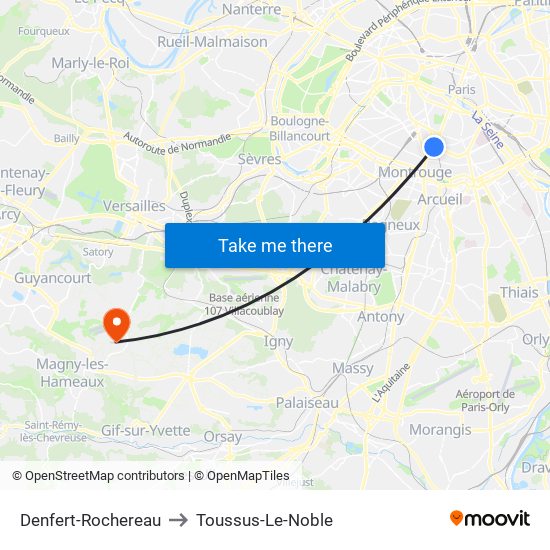Denfert-Rochereau to Toussus-Le-Noble map