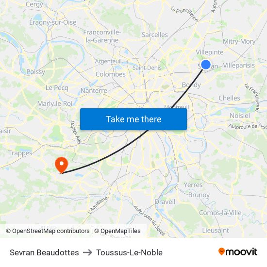Sevran Beaudottes to Toussus-Le-Noble map
