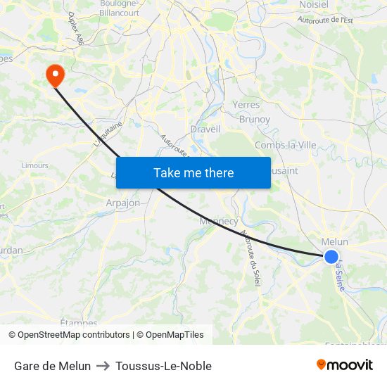Gare de Melun to Toussus-Le-Noble map