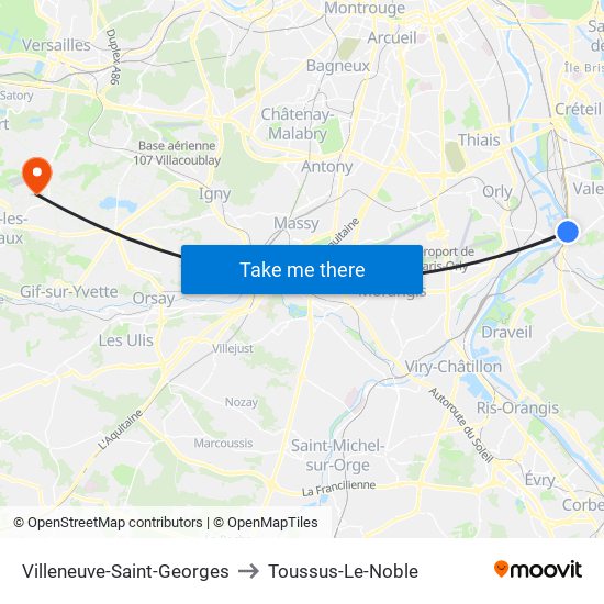 Villeneuve-Saint-Georges to Toussus-Le-Noble map