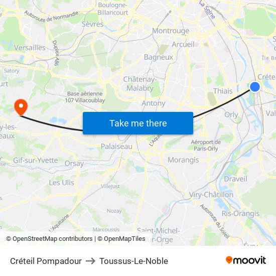 Créteil Pompadour to Toussus-Le-Noble map