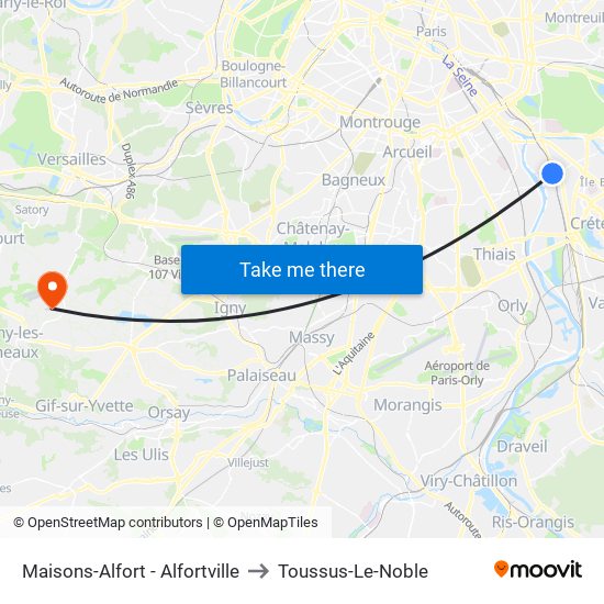 Maisons-Alfort - Alfortville to Toussus-Le-Noble map