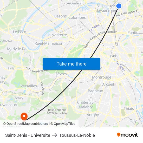 Saint-Denis - Université to Toussus-Le-Noble map