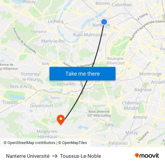 Nanterre Université to Toussus-Le-Noble map
