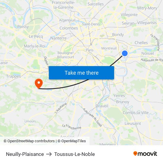 Neuilly-Plaisance to Toussus-Le-Noble map