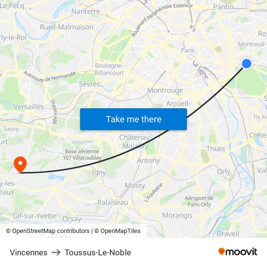 Vincennes to Toussus-Le-Noble map