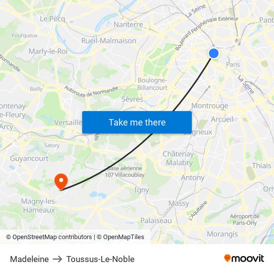 Madeleine to Toussus-Le-Noble map