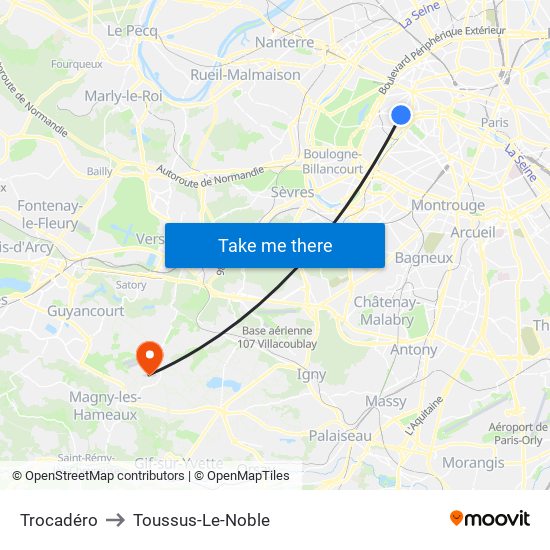 Trocadéro to Toussus-Le-Noble map