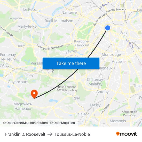 Franklin D. Roosevelt to Toussus-Le-Noble map