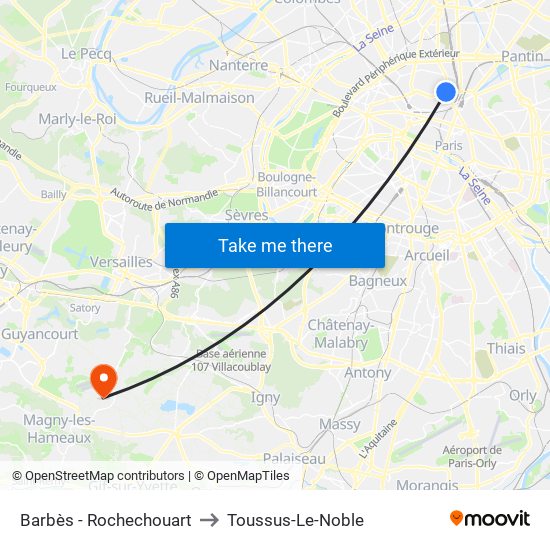 Barbès - Rochechouart to Toussus-Le-Noble map