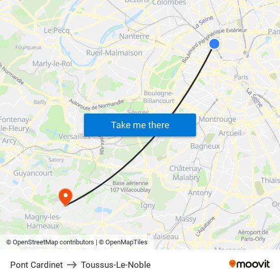 Pont Cardinet to Toussus-Le-Noble map