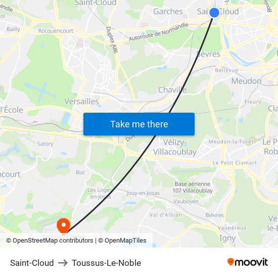 Saint-Cloud to Toussus-Le-Noble map