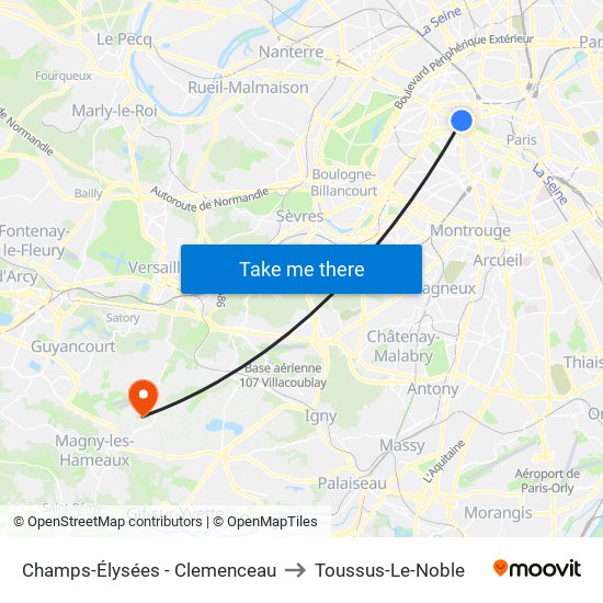 Champs-Élysées - Clemenceau to Toussus-Le-Noble map